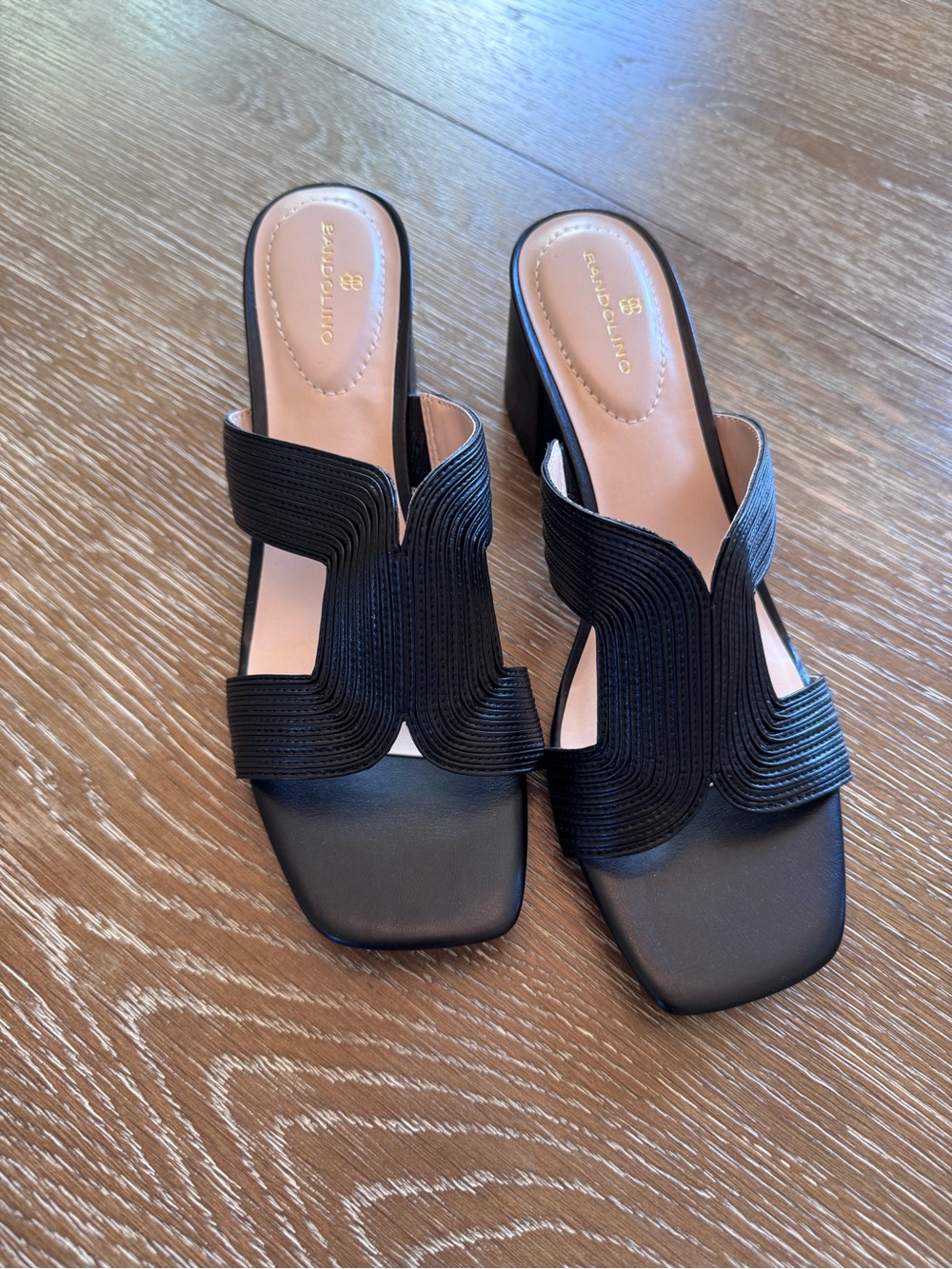 Bandolino Black Sculpted Strap Block Heel Mules
